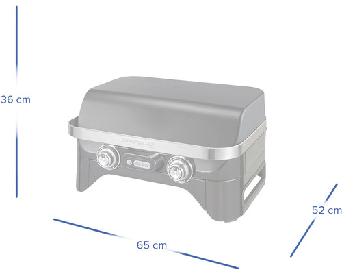 Grătar pe gaz Campingaz cu dimensiunile de 36 cm înălțime, 65 cm lățime și 52 cm adâncime.