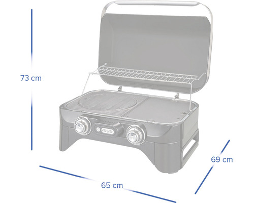 Grătar pe gaz cu dimensiunile de 73 cm înălțime, 65 cm lățime și 69 cm adâncime.