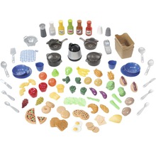 Accesorii pentru bucătărie de jucărie cu oale, veselă, alimente și ustensile de bucătărie