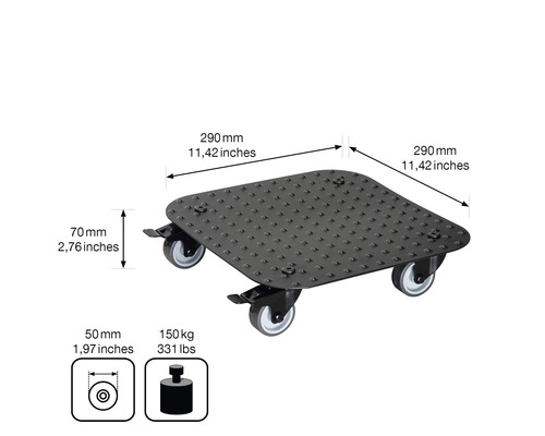 Placă cu rotile cu dimensiunile 290 mm x 290 mm și o capacitate maximă de încărcare de 150 kg