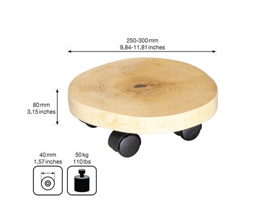 Suport cu rotile din lemn cu dimensiuni între 250 și 300 de milimetri