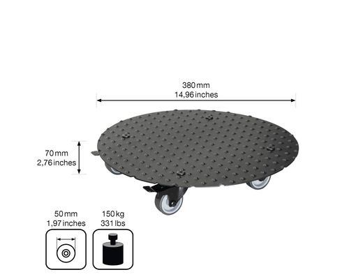 Placă rulantă cu diametrul de 380 milimetri și o capacitate maximă de încărcare de 150 kilograme.