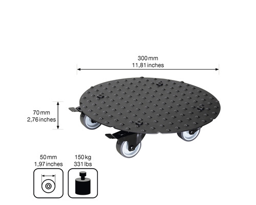 Placă cu rotile cu o capacitate portantă de 150 kilograme și un diametru de 300 milimetri
