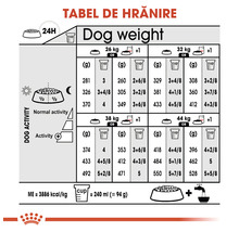 Tabel de hrănire pentru câini cu indicații de greutate și recomandări de hrănire