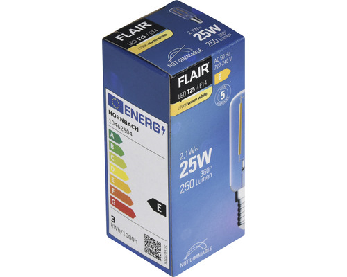 Ambalaj pentru un bec LED Flair T25 E14 cu 2,1 wați, 25 wați, 250 lumeni, non-dimabil și clasa de eficiență energetică E