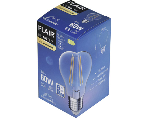 Ambalaj lampă LED Flair A60 E27, 5 wați, 2700 kelvini, alb cald, non-dimabilă