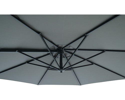 Prim-planu cu umbrela de soare văzută de jos, cu spițe de umbrelă