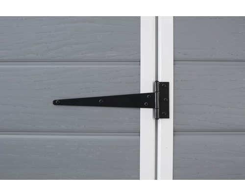 Balamală neagră în T fixată pe o ușă de lemn gri