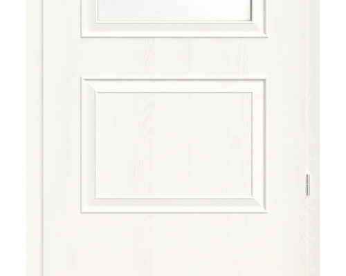 Prim-plan cu o ușă de interior albă, cu panouri și inserție de sticlă