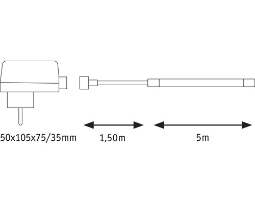 Desen al unei surse de alimentare cu o lungime a cablului de 5 metri și o linie de alimentare de 1,5 metri și dimensiunile 50x105x75/35 milimetri.