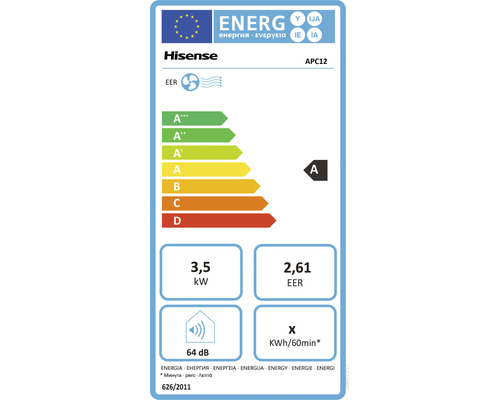 Etichetă energetică Hisense APC12 cu clasa de eficiență energetică A, putere de răcire de 3,5 kilowați și nivel de zgomot de 64 decibeli