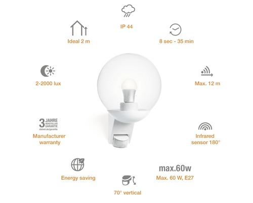 Aplică exterior Steinel L585 E27 max. 1x60W, senzor de mișcare, IP44, alb