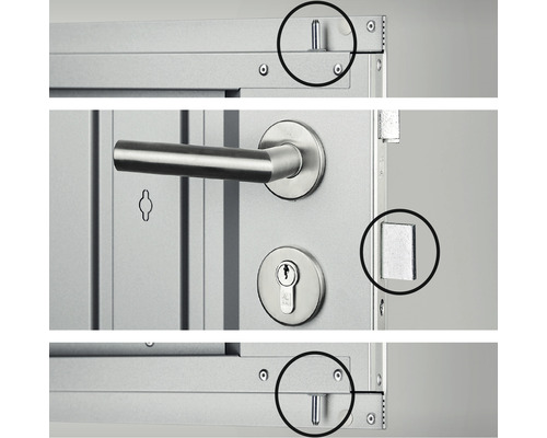 Prim-plan cu o ușă de securitate cu mâner, broască și încuietori de siguranță.