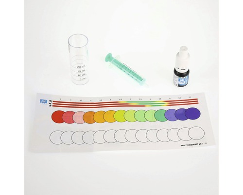 Set de testare a apei pentru acvariu cu tub de testare, seringă, lichid de testare și scală de culori pentru determinarea valorii pH-ului