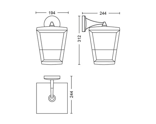Desen tehnic al unei lămpi de perete cu dimensiuni