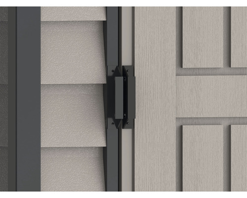 Vizualizare detaliată a unei case de grădină cu ușă și obloane