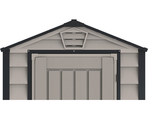 Vizualizare detaliată a unei magazii de grădină cu ușă și acoperiș în două ape