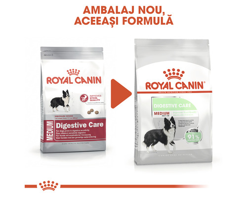 Sigla Royal Canin cu două ambalaje de hrană uscată pentru câini Medium Digestive Care