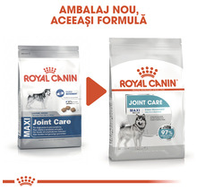Logo Royal Canin. Două ambalaje de produs Royal Canin Maxi Joint Care hrană pentru câini de talie mare.