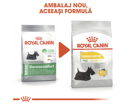 Două pungi de hrană uscată pentru câini de talie mică Royal Canin Mini Dermacomfort