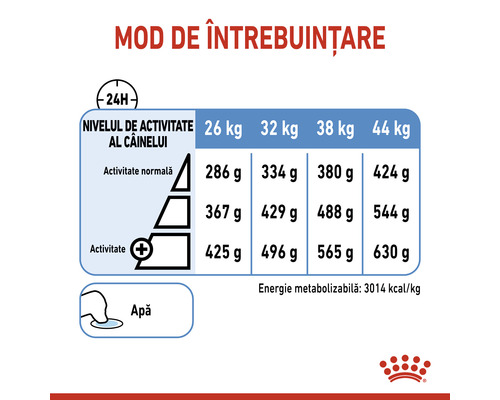 Diagramă cu instrucțiuni de hrănire pentru câini, în funcție de nivelul de activitate și greutate