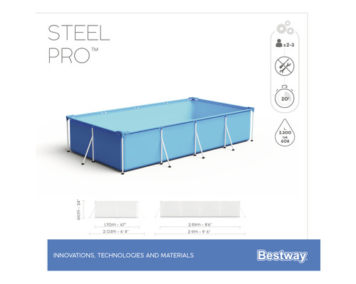 Piscină dreptunghiulară cu cadru de oțel Steel Pro cu dimensiuni și capacitate de umplere de la Bestway