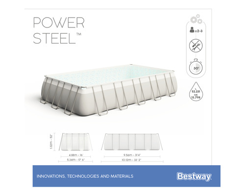 Piscină cu cadru Bestway Power Steel cu dimensiunile de 4,88 metri pe 9,56 metri și o înălțime de 1,32 metri
