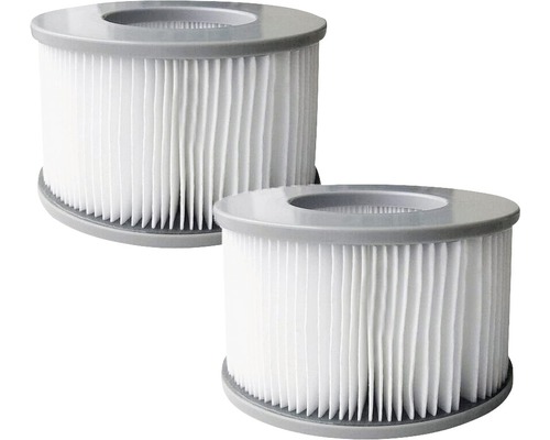 Două cartușe de filtrare rotunde pentru piscină cu structură pliată și margine gri