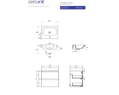 Desen tehnic al setului de lavoar Cersanit Moduo 60 cu dimensiuni