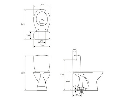 Desen tehnic al unui WC de podea cu dimensiuni