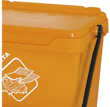 Vizualizare detaliată a unui coș de gunoi galben pentru hârtie cu capac și simbol pentru hârtie