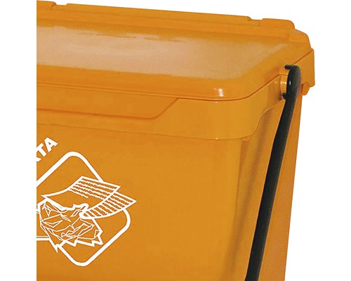 Vizualizare detaliată a unui coș de gunoi galben pentru hârtie cu capac și simbol pentru hârtie