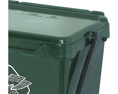 Imagine detaliată a unui coș de gunoi verde cu capac și mâner