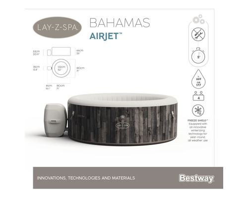 Cădiță cu hidromasaj gonflabilă Lay-Z-Spa Bahamas Airjet cu dimensiunile de 180 pe 66 centimetri