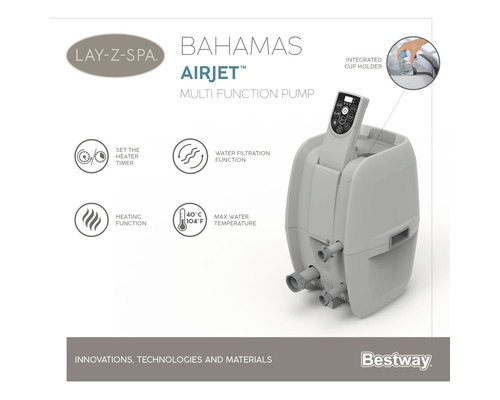 Pompă multifuncțională Lay-Z-Spa Bahamas Airjet cu funcție de încălzire, temporizator, funcție de filtrare a apei și suport de pahar integrat