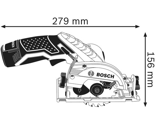 Imagine a ferăstrăului circular cu dimensiuni: 279 mm lungime și 156 mm înălțime.