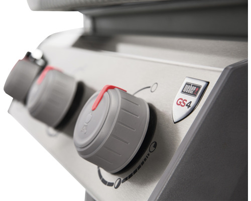 Imagine detaliată cu un grătar pe gaz, cu butoane de control și logo-ul Weber GS4.