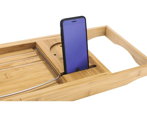 Tavă de baie din bambus cu suport pentru smartphone