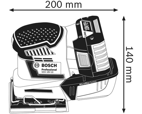 Imagine a șlefuitorului cu vibrații cu acumulator Bosch Professional GSS 18V-10 cu dimensiuni: 200 mm lățime, 140 mm înălțime