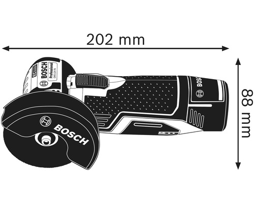 Polizor unghiular Bosch cu dimensiunile: 202 mm lungime și 88 mm înălțime.