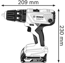 Imagine a unei mașini de găurit cu șurubelniță cu dimensiunile de 209 mm lățime și 230 mm înălțime. Bosch Professional GSB 18V-21 prezentat.