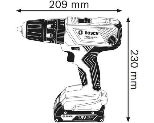 Imagine a unei mașini de găurit cu șurubelniță cu dimensiunile de 209 mm lățime și 230 mm înălțime. Bosch Professional GSB 18V-21 prezentat.