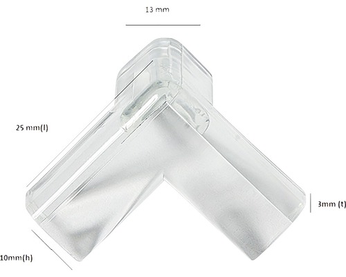 Protecție de colț din plastic cu dimensiunile de 25 mm lungime, 10 mm înălțime, 3 mm grosime și 13 mm lățime