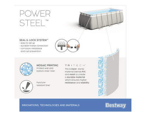 Piscină Bestway Power Steel: Informații despre etanșare, sistem de blocare, imprimare mozaic și material Tritech