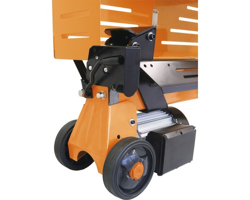 Imagine detaliată a unui despicător de lemne cu roți pentru transport ușor