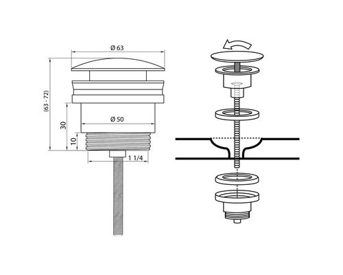Desen tehnic al unui dop de chiuvetă cu indicații dimensionale