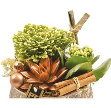 Aranjament cu plante, globuri decorative și batoane de scorțișoară