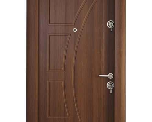 Ușă de intrare maro cu încuietoare, mâner și vizor