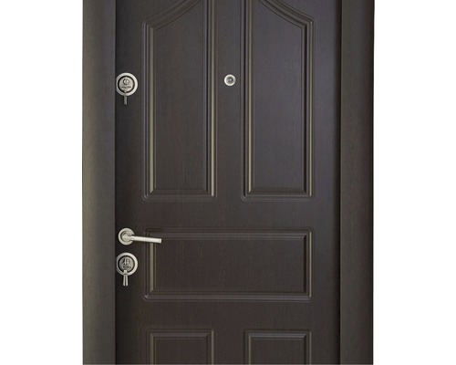 Ușă de intrare maro cu mâner, broască și vizor