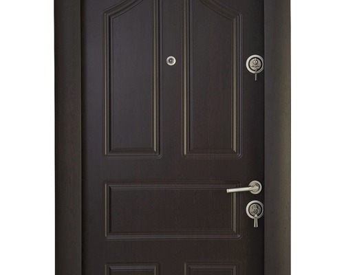 Ușă de intrare maro cu vizor și mâner